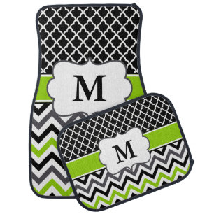Black Lime Green Quatrefoil Chevron Monogram Car Mat
