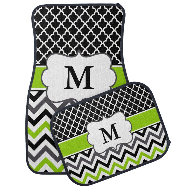 Black Lime Green Quatrefoil Chevron Monogram Car Mat (Set)