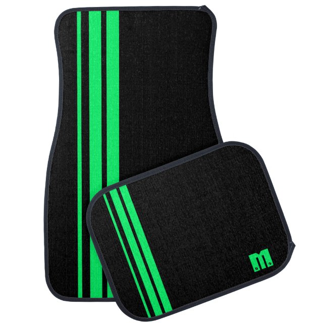 Black Lime Green Race Stripes Monogram Car Floor Mat (Set)