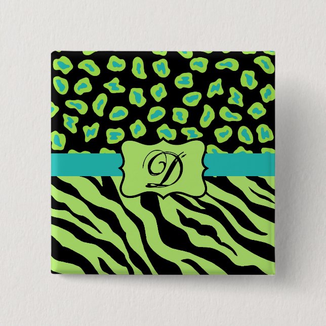 Black, Lime Green & Turquoise Zebra & Cheetah Skin Button (Front)