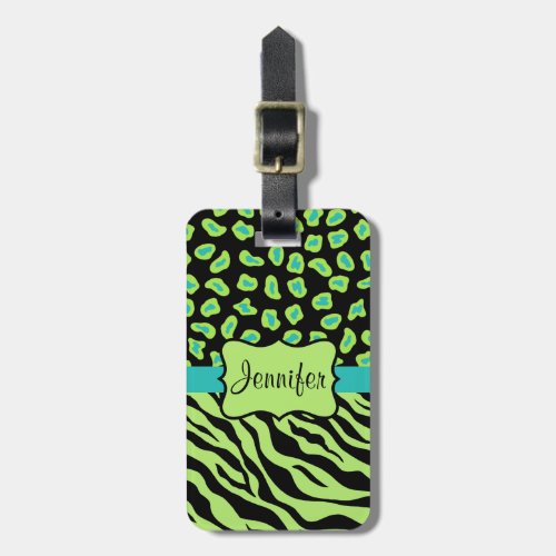 Black Lime Green  Turquoise Zebra  Cheetah Skin Luggage Tag