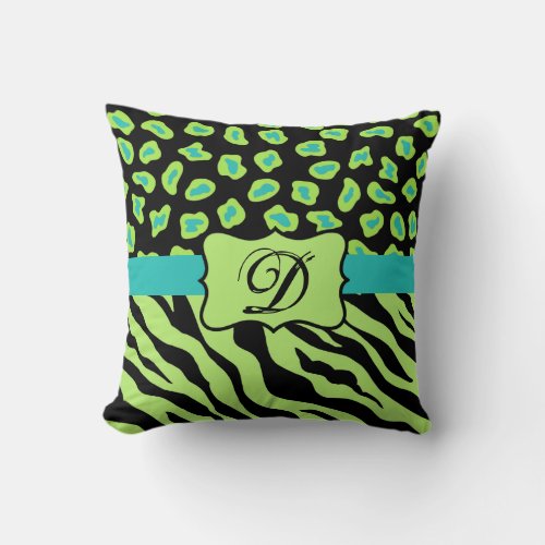 Black Lime Green  Turquoise Zebra  Cheetah Skin Throw Pillow