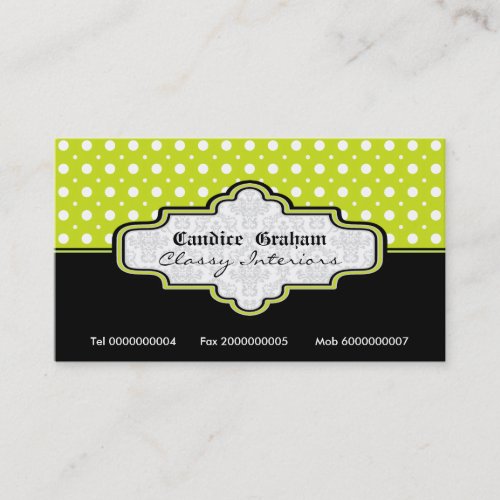 Black lime green white polka dot interiors business card