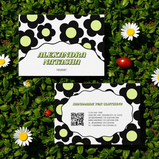 Black Lime Green Y2K Flower Handmade Clothing  Business Card (Black Lime Green Y2K Flower Handmade Clothing Business Card)