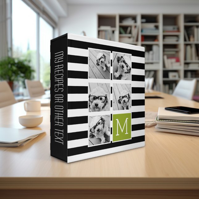 Black Lime Striped Photo Collage Custom Monogram Binder (Personalized photo binder)