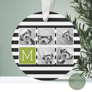 Black Lime Striped Photo Collage Custom Monogram Ornament