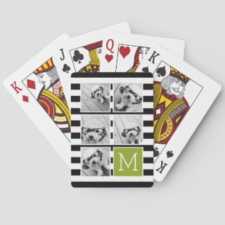 Black Lime Striped Photo Collage Custom Monogram Playing Cards