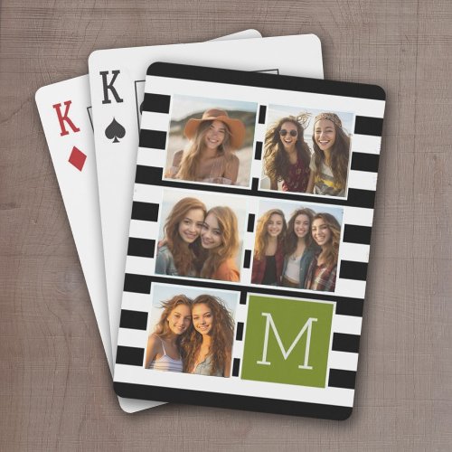 Black Lime Striped Photo Collage Custom Monogram Poker Cards