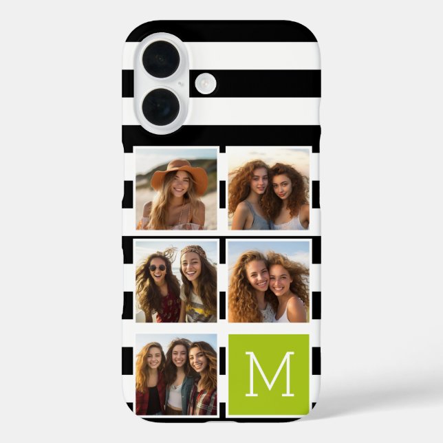 Black Lime Striped Photo Collage Monogram Case-Mate iPhone Case (Back)
