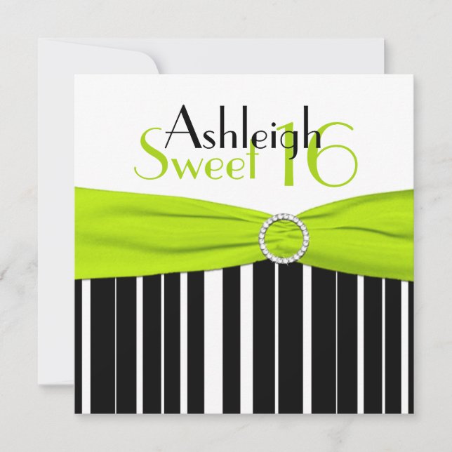 Black, Lime, White Sweet 16 Invitation FAUX Bling (Front)