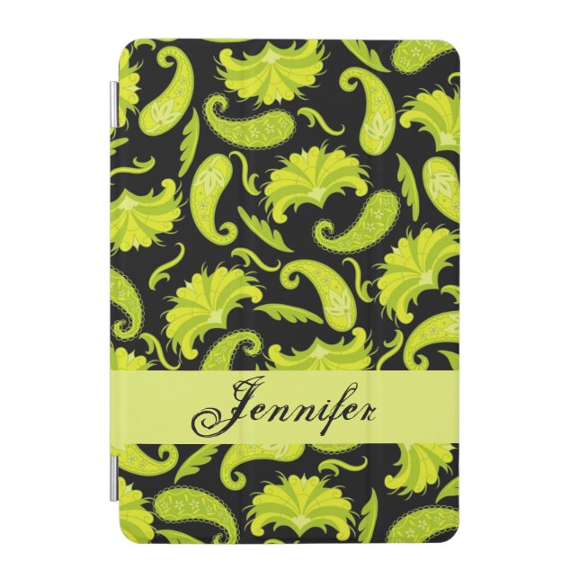 Black Lime Yellow Green Paisley Name Personalized iPad Mini Cover (Front)
