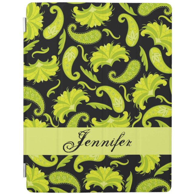 Black Lime Yellow Green Paisley Name Personalized iPad Smart Cover (Front)