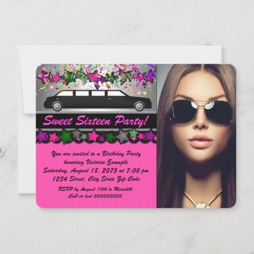 Black Limo Hot Pink Black Photo Sweet 16 Party Invitation