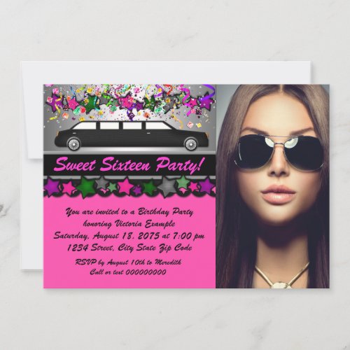 Black Limo Hot Pink Black Photo Sweet 16 Party Invitation