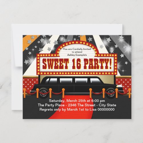 Black Limo Movie Star Sweet 16 Party Invitation