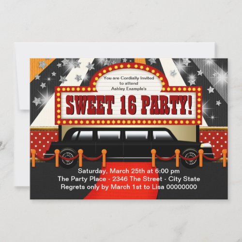 Black Limo Movie Star Sweet 16 Party Invitation