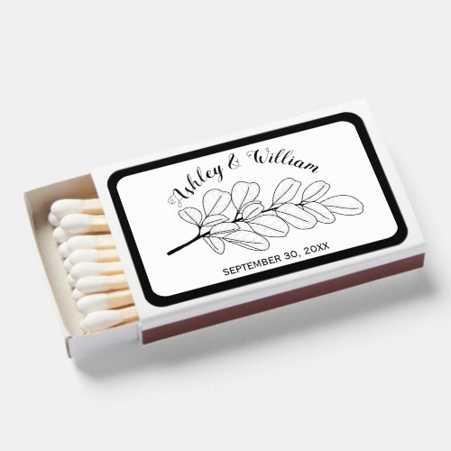 Black line art branch and leaves wedding matchboxes