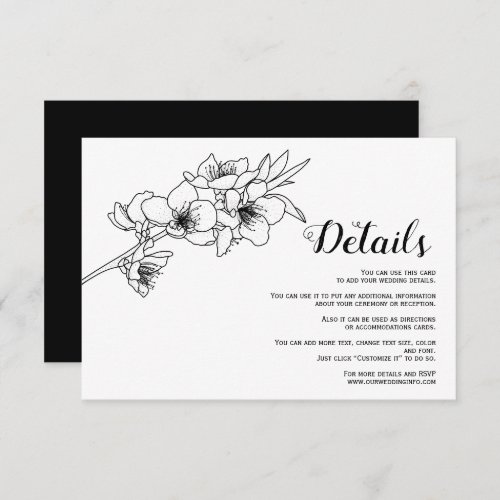 Black line art branch with blossoms wedding enclosure card