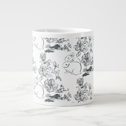 Black Line Art Cute Rabbit and Flower Giant Coffee Mug