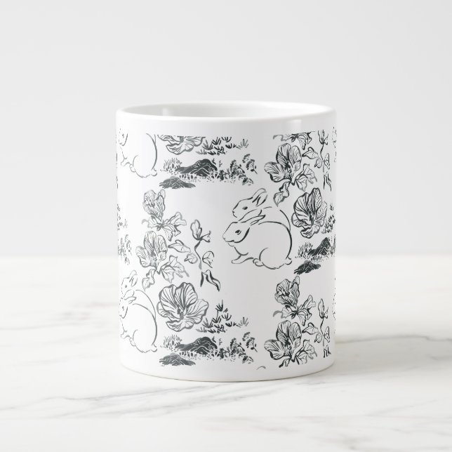 Black Line Art Cute Rabbit and Flower Giant Coffee Mug (Front)