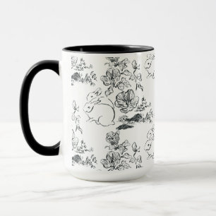 Black Line Art Cute Rabbit and Flower Mug