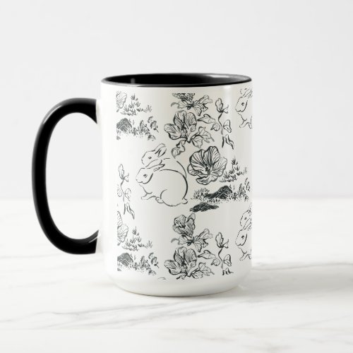 Black Line Art Cute Rabbit and Flower  Mug