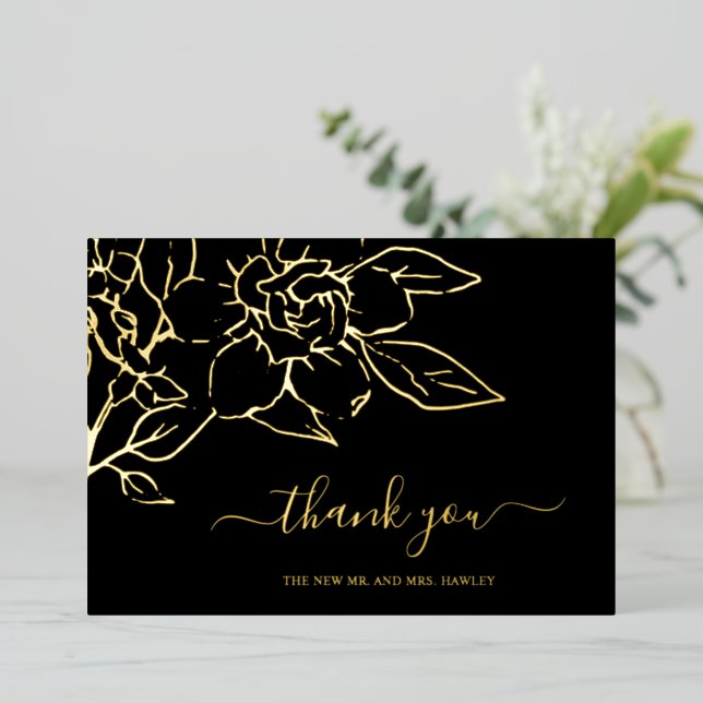 Black Line Art Floral Wedding Foil Thank You Card (Standing Front)