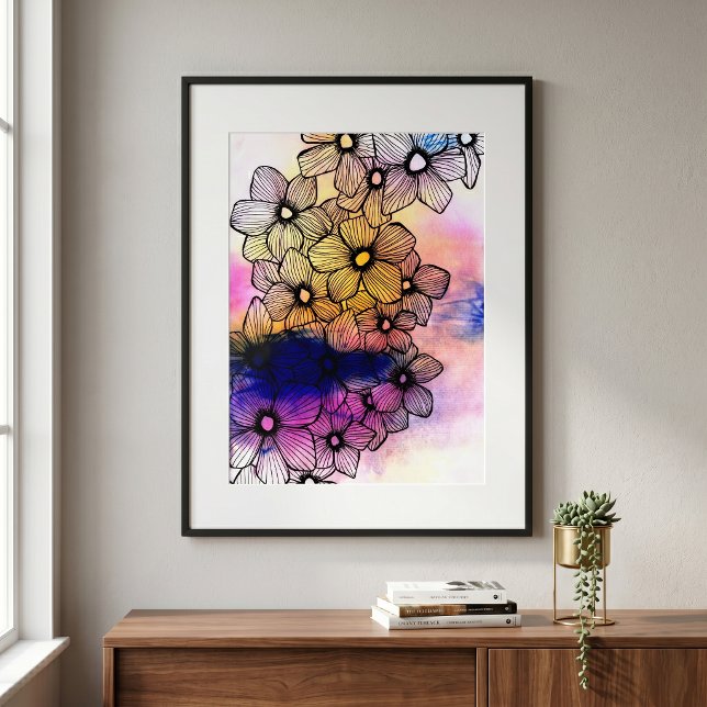 Black Line Art Flowers Vibrant Pastel Watercolor Poster (Creator Uploaded)
