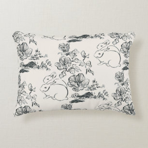 Black Line Art Rabbit and Flower Asian Style Accent Pillow