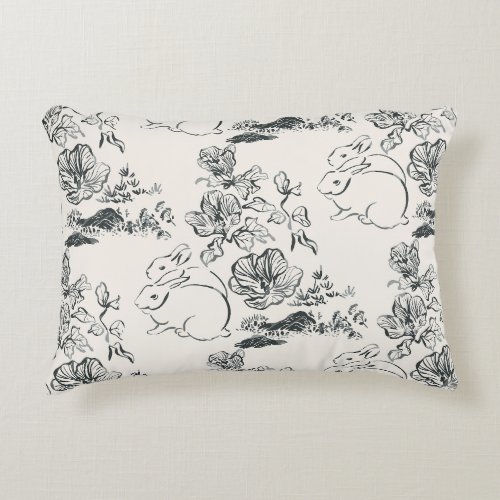 Black Line Art Rabbit and Flower Asian Style   Accent Pillow