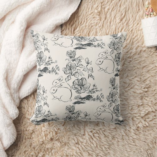 Black Line Art Rabbit and Flower Chinese Style Throw Pillow