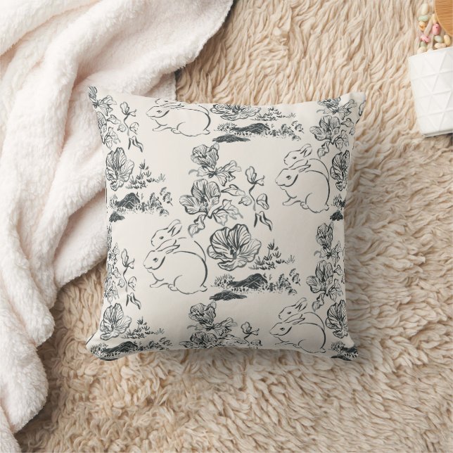 Black Line Art Rabbit and Flower Chinese Style Throw Pillow (Blanket)