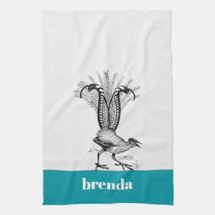 Black line drawing- LyreBird Kitchen Towel