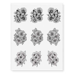 Black Line Drawn Chic Elegant Florals & Butterfly Temporary Tattoos