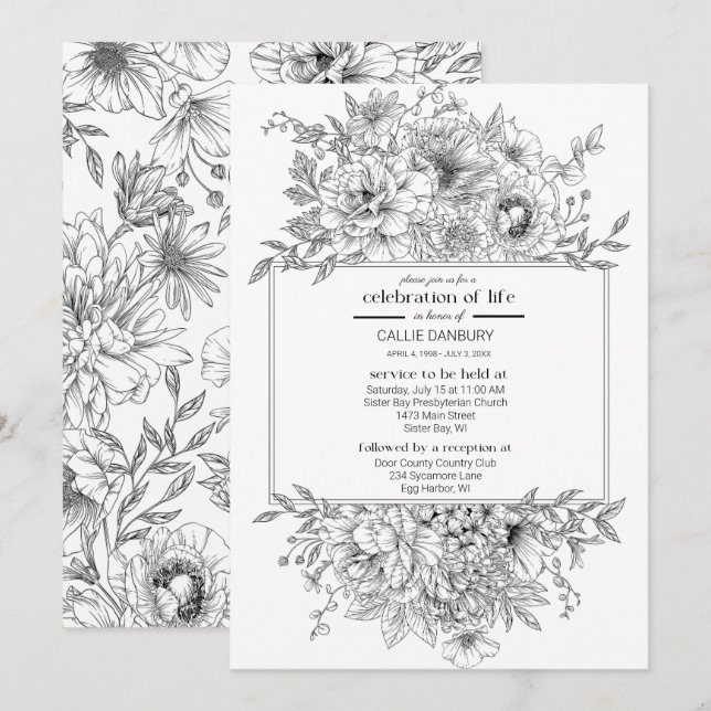 Black Line Florals Funeral Celebration of Life Invitation (Front/Back)