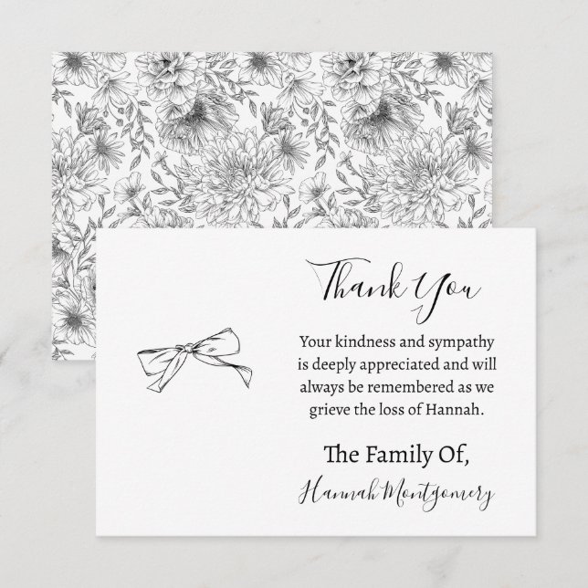 Black Line Florals Funeral Sympathy Thank You Note Card (Front/Back)