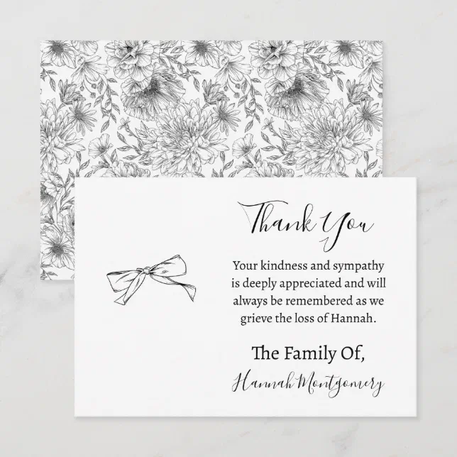 Black Line Florals Funeral Sympathy Thank You Note Card | Zazzle