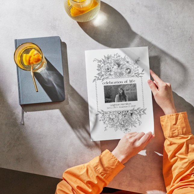 Black Line Florals Photo Collage Funeral Program (Creator Uploaded)