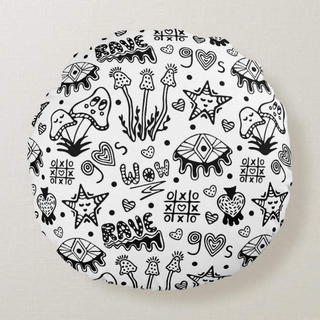 Black line psychedelic hand drawn seamless pattern round pillow (Front)