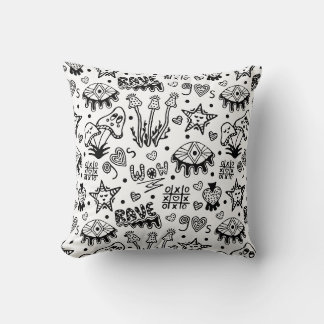 Black line psychedelic hand drawn seamless pattern throw pillow