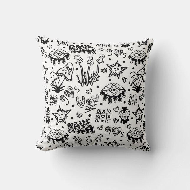 Black line psychedelic hand drawn seamless pattern throw pillow (Front)