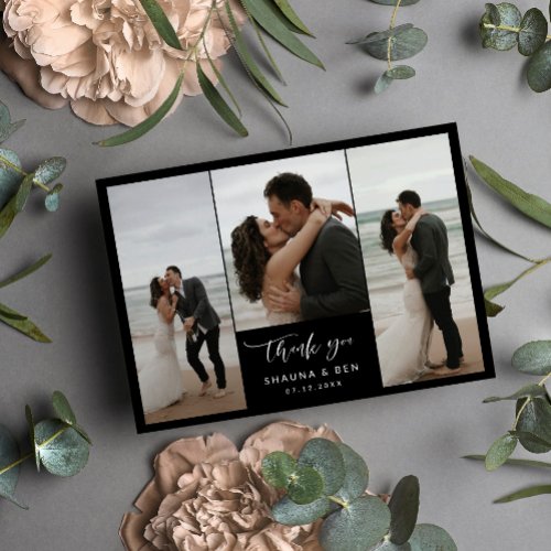 Black Lined Back 3 Photo Collage Wedding Thank You