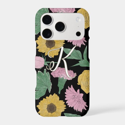 Black Lined Flowers Monogram iPhone 17 Pro Case