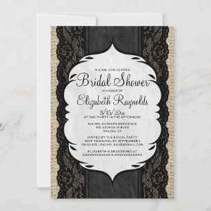 Black Linen Burlap Lace Bridal Shower Invitations
