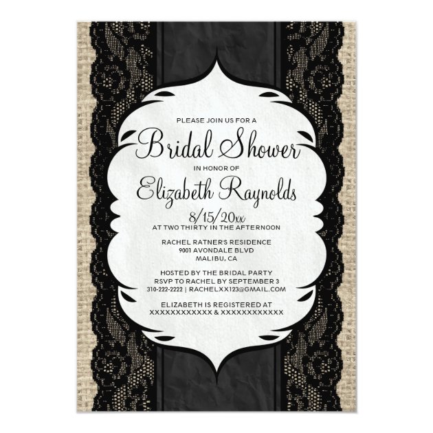 Black Linen Burlap Lace Bridal Shower Invitations