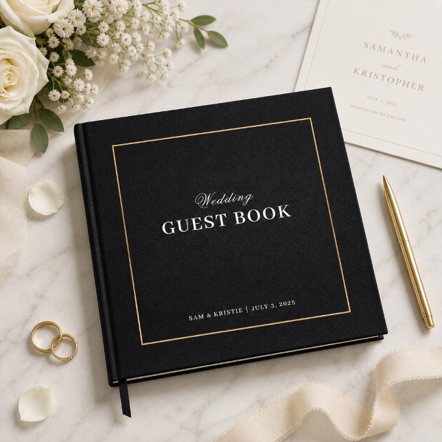 Black Linen Look Gold Frame Wedding Guest Book (Creator Uploaded)
