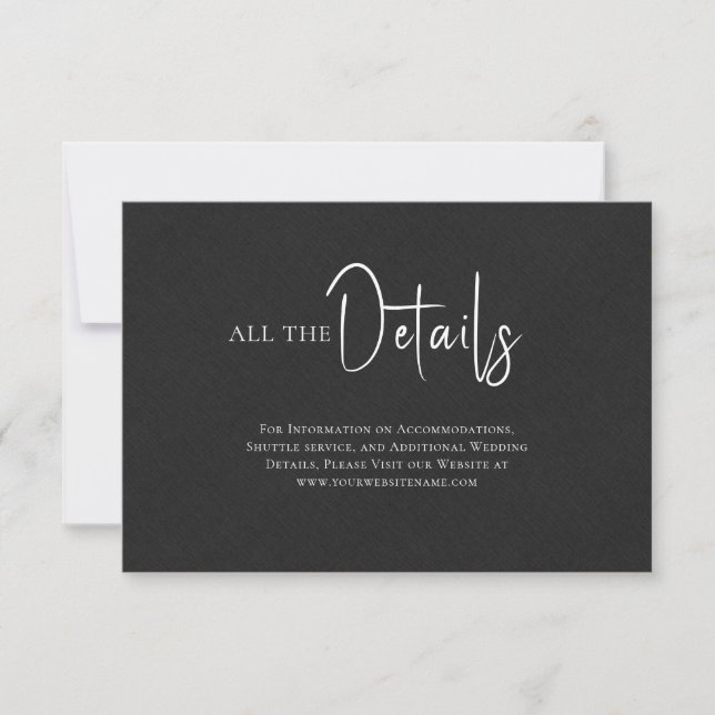 Black linen Simple Black Script Wedding Details Invitation (Front)