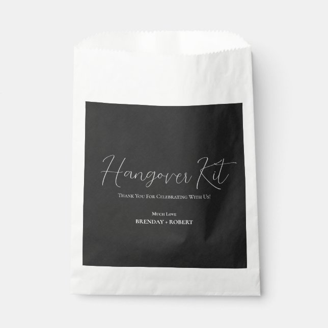 Black linen Simple Script Hangover Recovery Kit Favor Bag (Front)