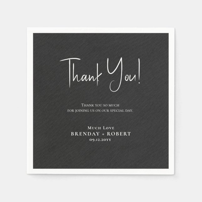Black linen Simple Script Welcome Thank You Card Napkins (Front)