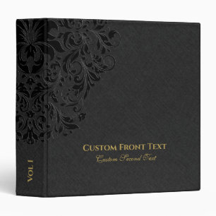 Black linen texture black vintage swirl Gold 3 Ring Binder
